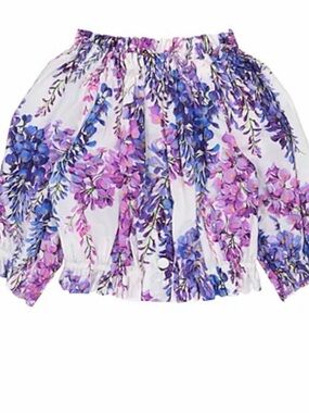Dolce & Gabbana White Off-Shoulder Floral Top with Purple and Blue Blooms